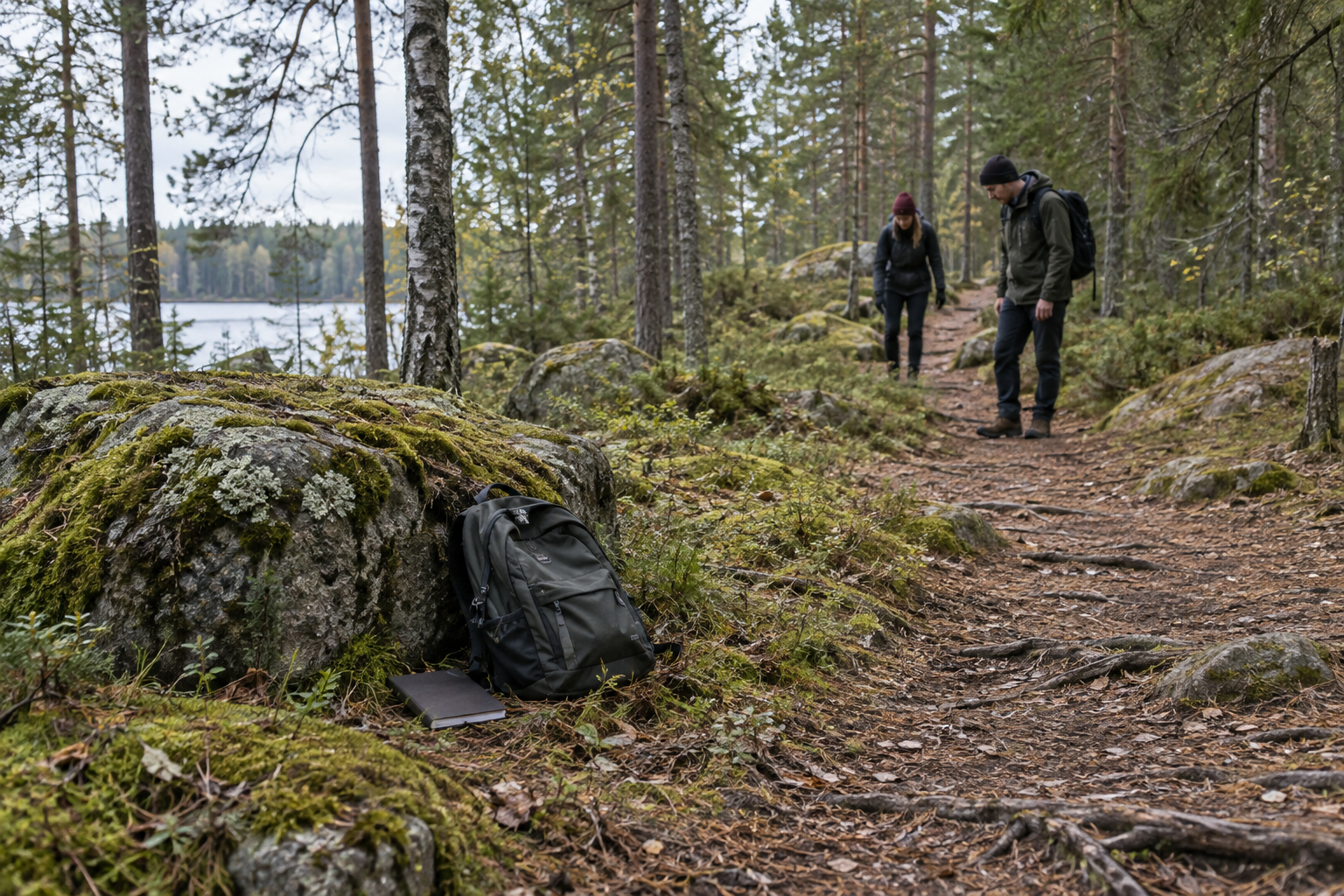 Story illustration of a backpack and notebook left beside a forest path, with searchers in the distance