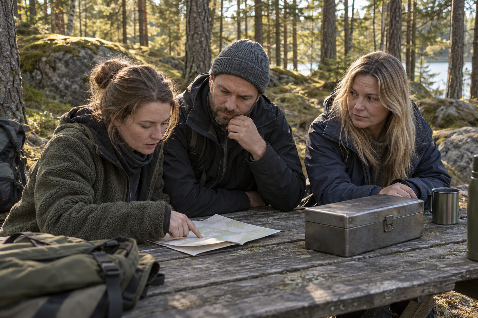 Story illustration of adventurers examining a map and lockbox together in the forest, exchanging an uncertain glance