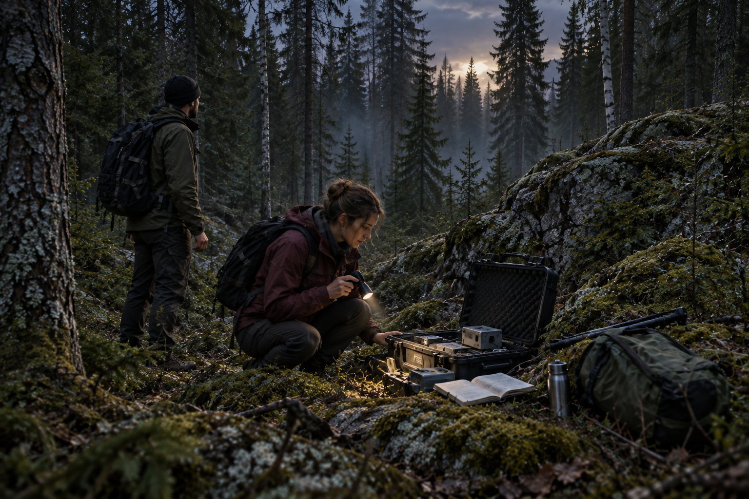 Story illustration of searchers finding abandoned research equipment in a dusk forest with an unexplained light beyond the trees